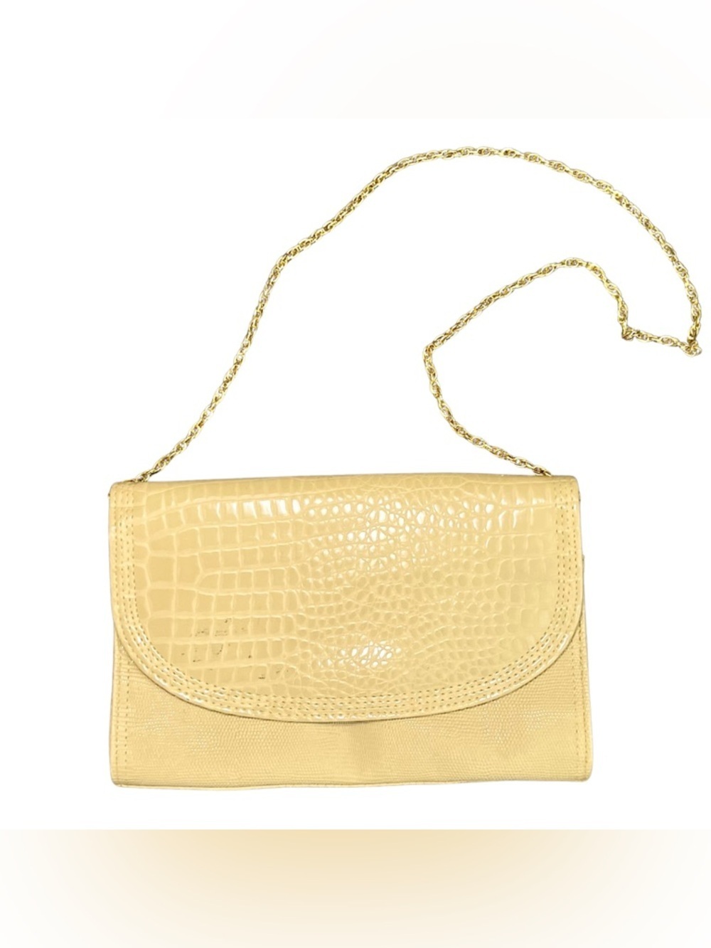 Vintage Cream Croc Embossed Clutch Purse Gold Chain Strap Magnetic Snap